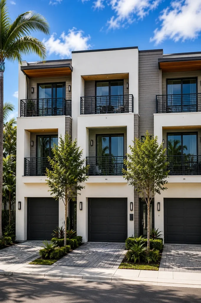 Modern Fort Lauderdale townhomes with contemporary architecture, balconies, private garages, and tropical landscaping.