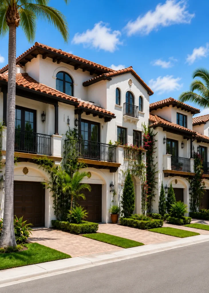 Mediterranean-style luxury townhomes in Fort Lauderdale with Spanish tile roofs, balconies, palm trees, and upscale tropical architecture.