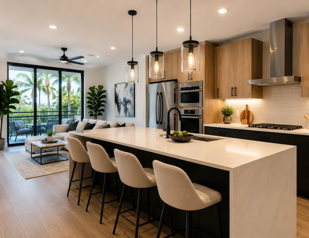 Luxury Fort Lauderdale townhomes at twilight with modern architecture, illuminated interiors, palm trees, and upscale tropical landscaping.