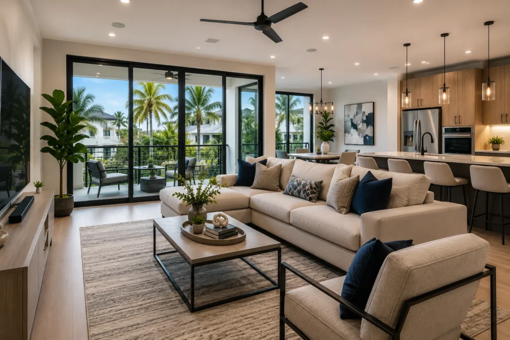 Luxury Fort Lauderdale townhome interior with open-concept living room, gourmet kitchen, balcony, and tropical palm tree views.